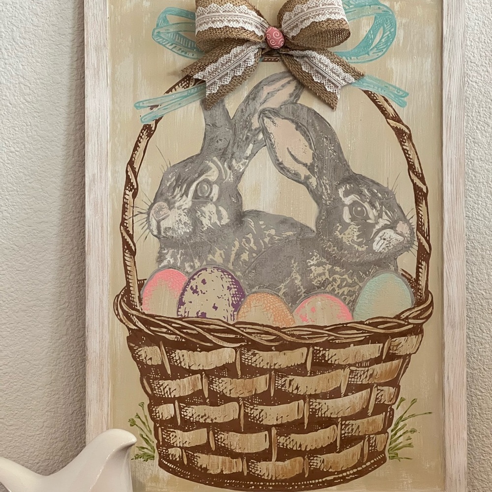 OOAK 🩵🐰🩷 Homemade Easter Bunny Basket Wall Art